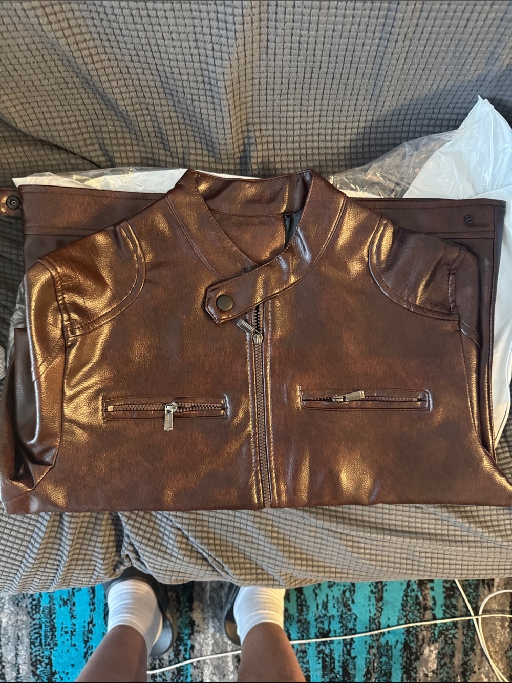 New! Dark Brown Vegan Leather jacket. With zippers on front and sides. - Picture 3 of 4